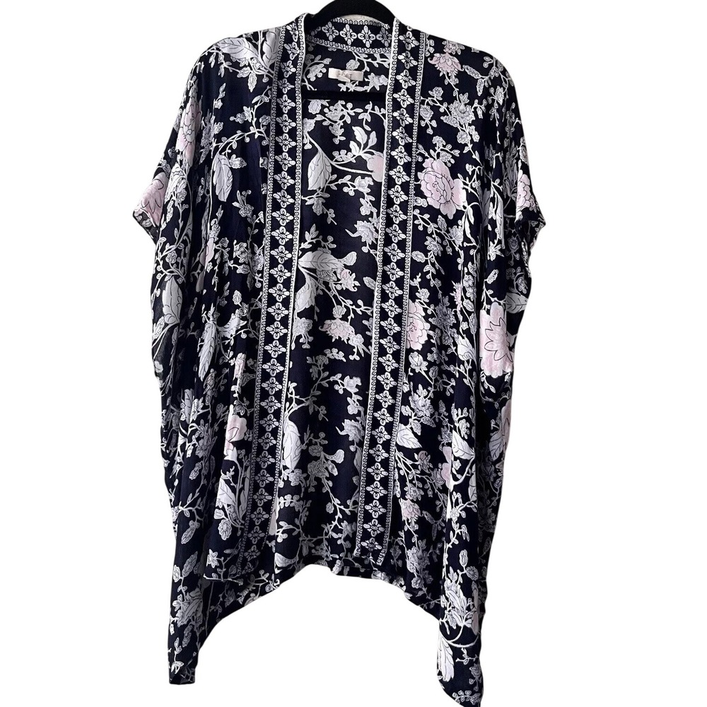 Loft Kimono Wrap Womens Navy Blue Floral Bird Print Open Front XS/S